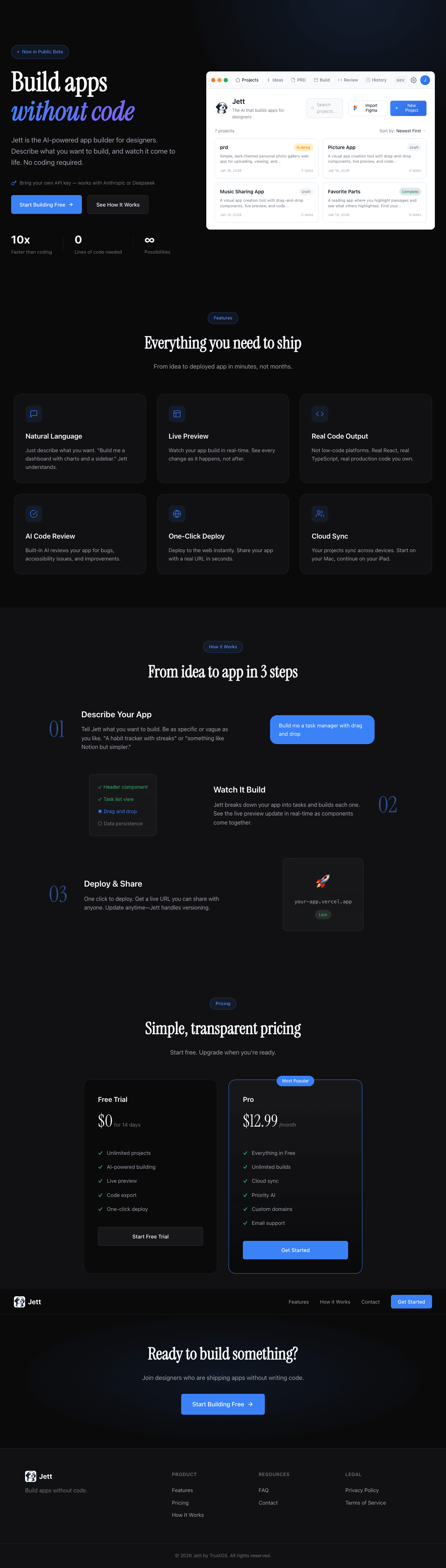 Jett Builder homepage — build apps without code
